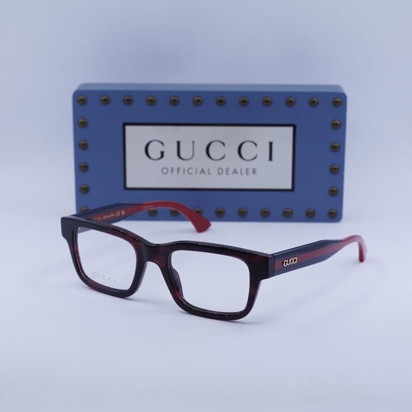 Gucci GG1865O 003 Square Eyeglasses – Dark Red Havana/Blue/Red 50mm - Picture 1 of 10